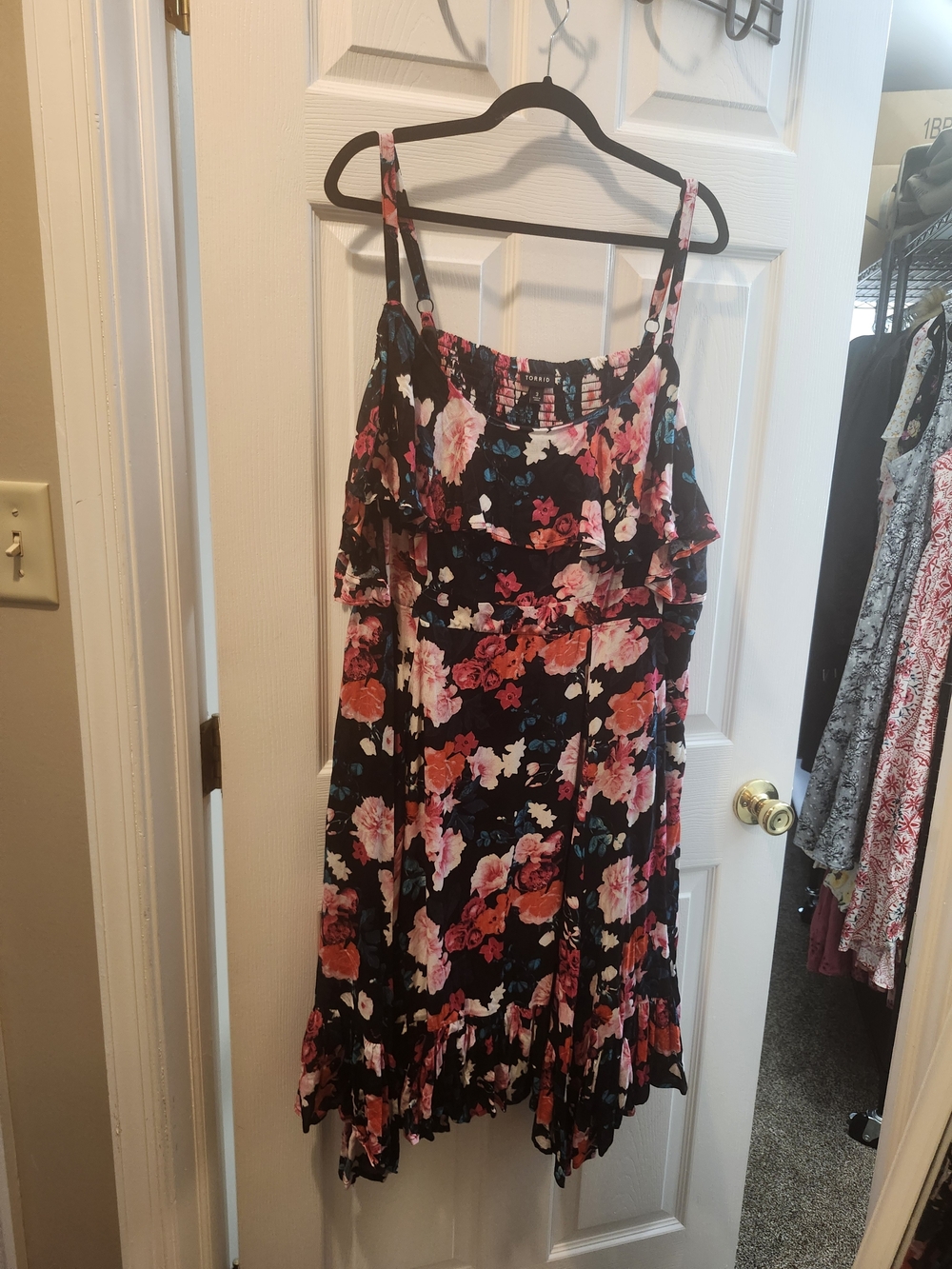 Torrid Black Floral Midi Dress with Pink & Coral Flowers, Torrid 3= 3X